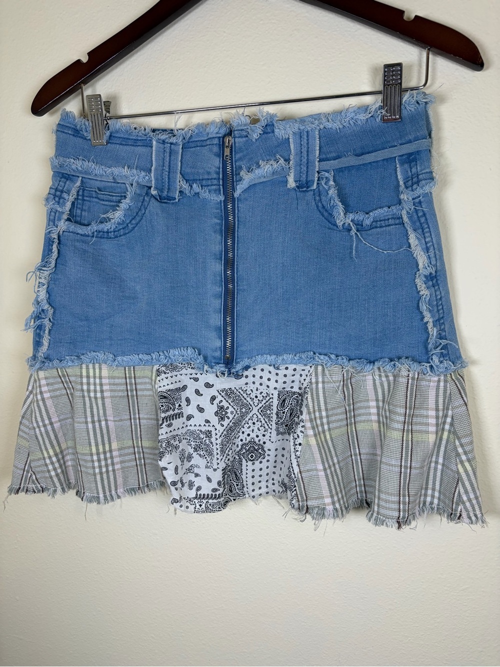 Y2K Patchwork Denim Mini Skirt Traffic Jeanswear Size 7 Distressed